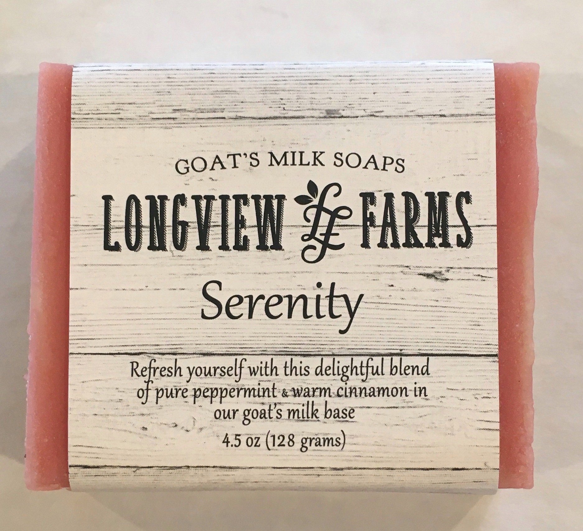 Bar of Longview Farms goat's milk soap labeled Serenity.