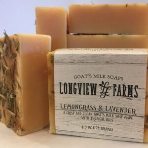 Handmade goat's milk soap bars with lemongrass and lavender.