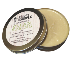 Natural deodorant tin labeled "Clean Spring".